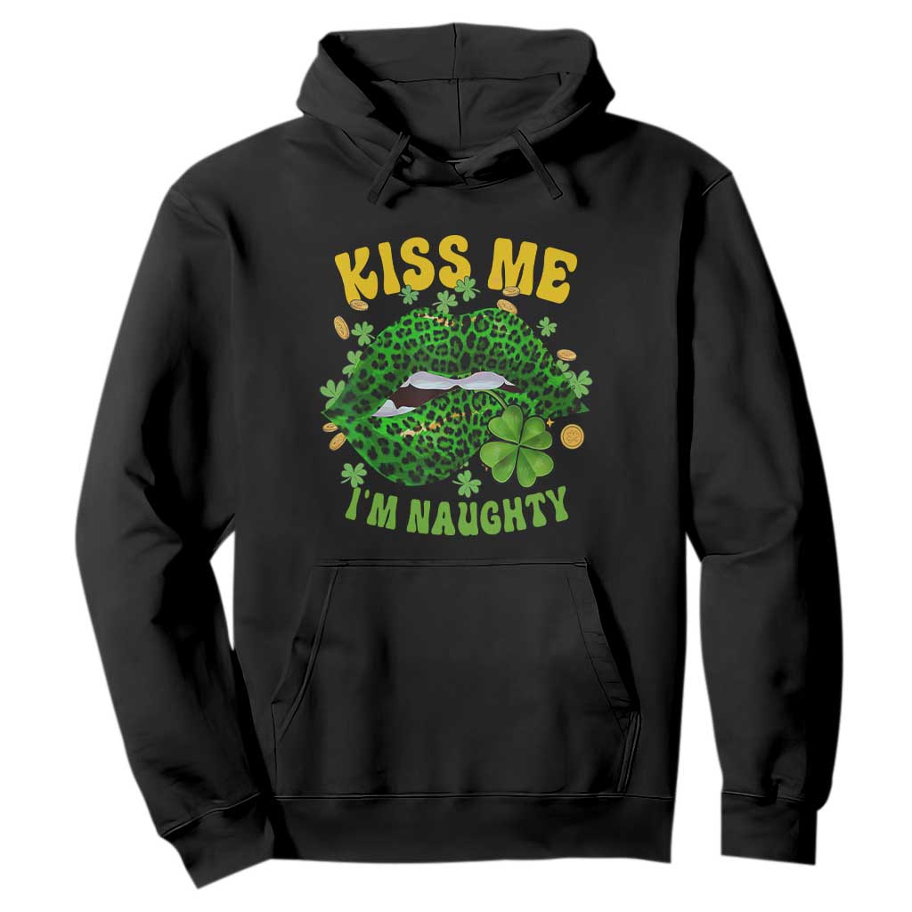 Funny St. Patricks Day Hoodie Kiss Me I'm Naughty Irish Women Leopard Biting Lips TS02 Black Printyourwear