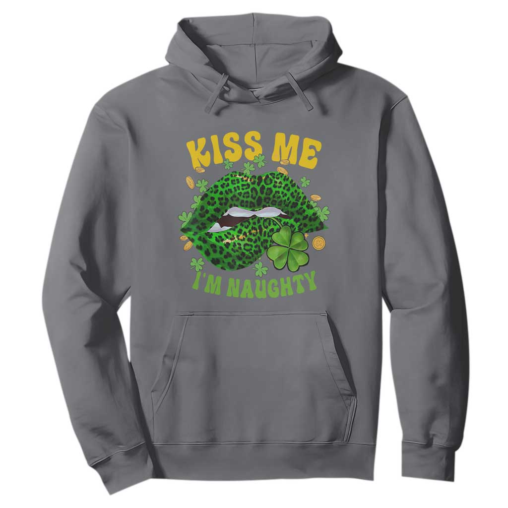 Funny St. Patricks Day Hoodie Kiss Me I'm Naughty Irish Women Leopard Biting Lips TS02 Charcoal Printyourwear