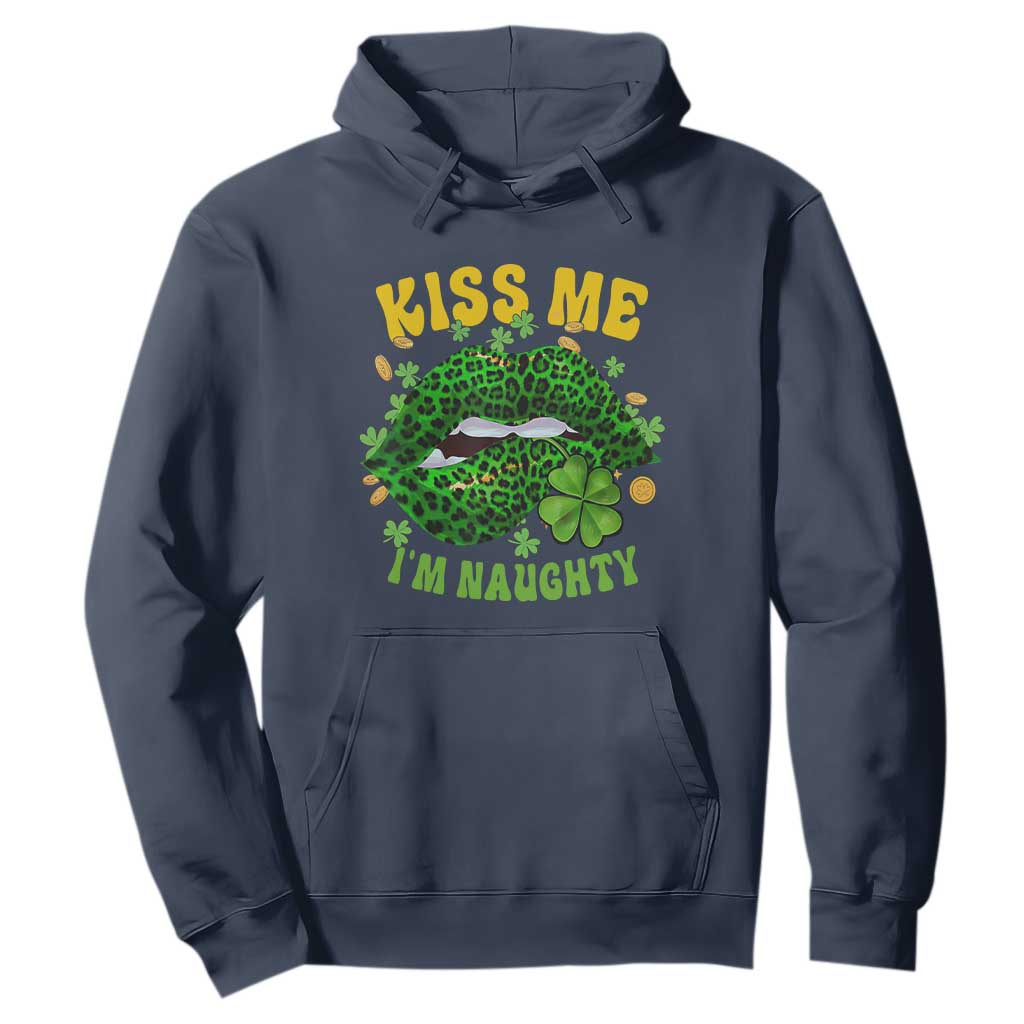 Funny St. Patricks Day Hoodie Kiss Me I'm Naughty Irish Women Leopard Biting Lips TS02 Navy Printyourwear