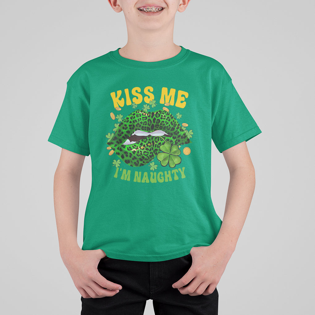 Funny St. Patricks Day T Shirt For Kid Kiss Me I'm Naughty Irish Women Leopard Biting Lips TS02 Irish Green Printyourwear