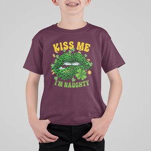 Funny St. Patricks Day T Shirt For Kid Kiss Me I'm Naughty Irish Women Leopard Biting Lips TS02 Maroon Printyourwear