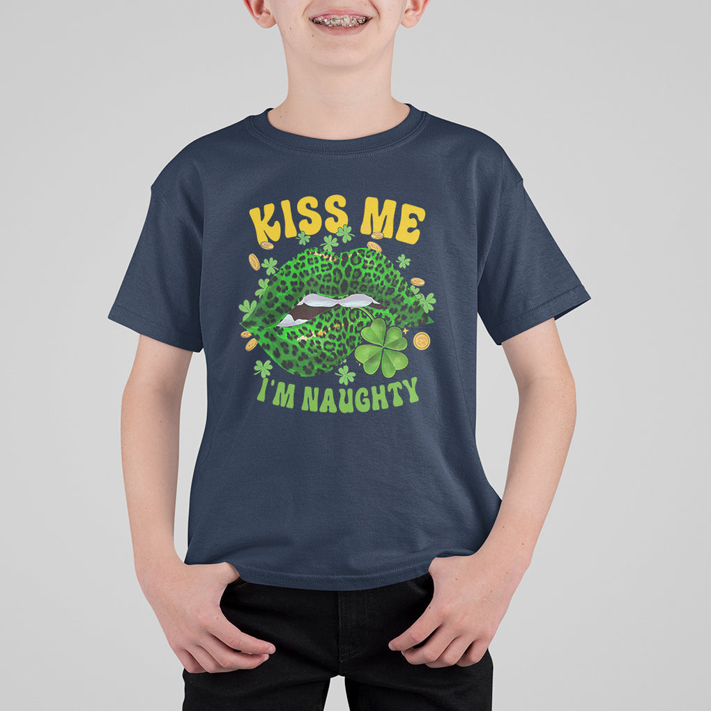 Funny St. Patricks Day T Shirt For Kid Kiss Me I'm Naughty Irish Women Leopard Biting Lips TS02 Navy Printyourwear