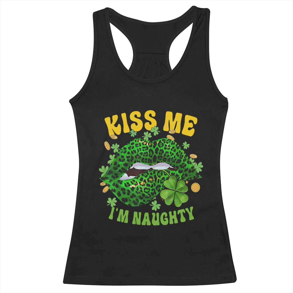 Funny St Patricks Day Racerback Tank Top Kiss Me I'm Naughty Irish Women Leopard Biting Lips TS02 Black Print Your Wear