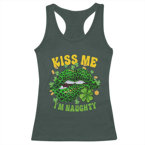 Funny St Patricks Day Racerback Tank Top Kiss Me I'm Naughty Irish Women Leopard Biting Lips TS02 Dark Forest Green Print Your Wear