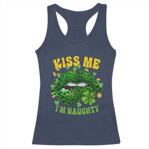 Funny St Patricks Day Racerback Tank Top Kiss Me I'm Naughty Irish Women Leopard Biting Lips TS02 Navy Print Your Wear