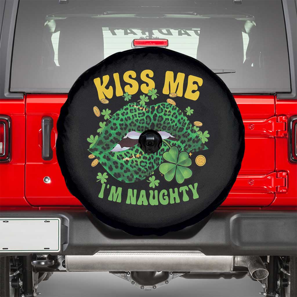 Funny St Patricks Day Spare Tire Cover Kiss Me I'm Naughty Irish Women Leopard Biting Lips TS02 Black Print Your Wear