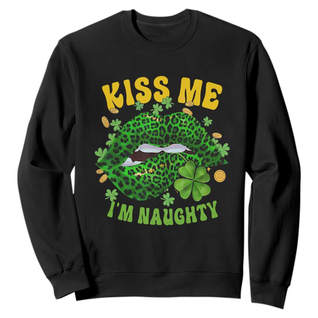 Funny St. Patricks Day Sweatshirt Kiss Me I'm Naughty Irish Women Leopard Biting Lips TS02 Black Printyourwear