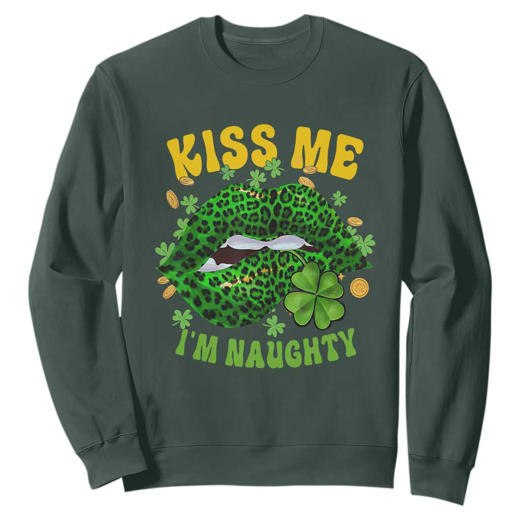 Funny St. Patricks Day Sweatshirt Kiss Me I'm Naughty Irish Women Leopard Biting Lips TS02 Dark Forest Green Printyourwear