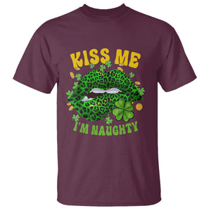 Funny St. Patricks Day T Shirt Kiss Me I'm Naughty Irish Women Leopard Biting Lips TS02 Maroon Printyourwear