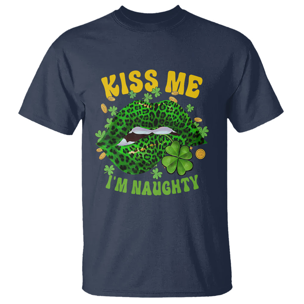 Funny St. Patricks Day T Shirt Kiss Me I'm Naughty Irish Women Leopard Biting Lips TS02 Navy Printyourwear