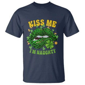 Funny St. Patricks Day T Shirt Kiss Me I'm Naughty Irish Women Leopard Biting Lips TS02 Navy Printyourwear