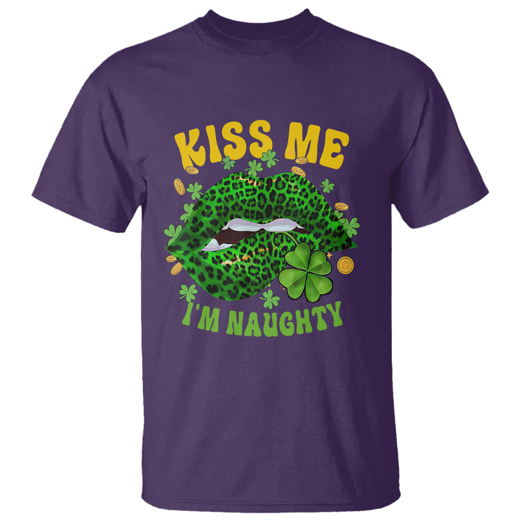 Funny St. Patricks Day T Shirt Kiss Me I'm Naughty Irish Women Leopard Biting Lips TS02 Purple Printyourwear