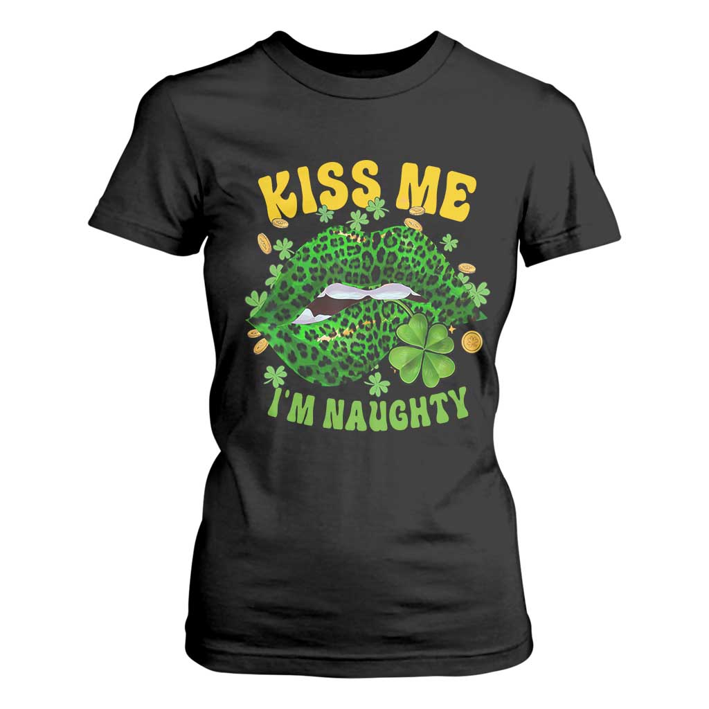 Funny St Patricks Day T Shirt For Women Kiss Me I'm Naughty Irish Women Leopard Biting Lips TS02 Black Print Your Wear
