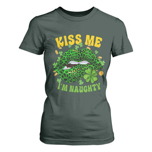 Funny St Patricks Day T Shirt For Women Kiss Me I'm Naughty Irish Women Leopard Biting Lips TS02 Dark Forest Green Print Your Wear