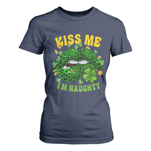 Funny St Patricks Day T Shirt For Women Kiss Me I'm Naughty Irish Women Leopard Biting Lips TS02 Navy Print Your Wear
