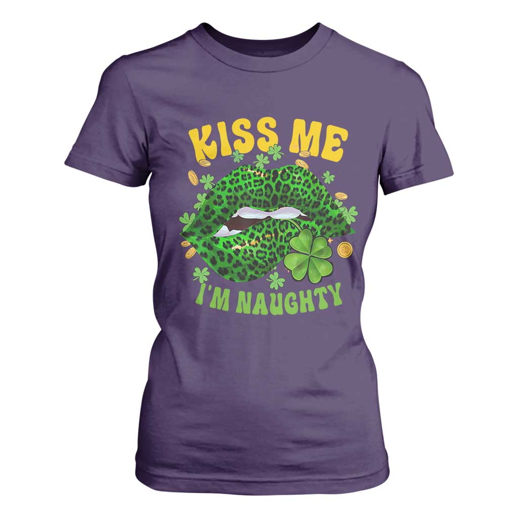 Funny St Patricks Day T Shirt For Women Kiss Me I'm Naughty Irish Women Leopard Biting Lips TS02 Purple Print Your Wear