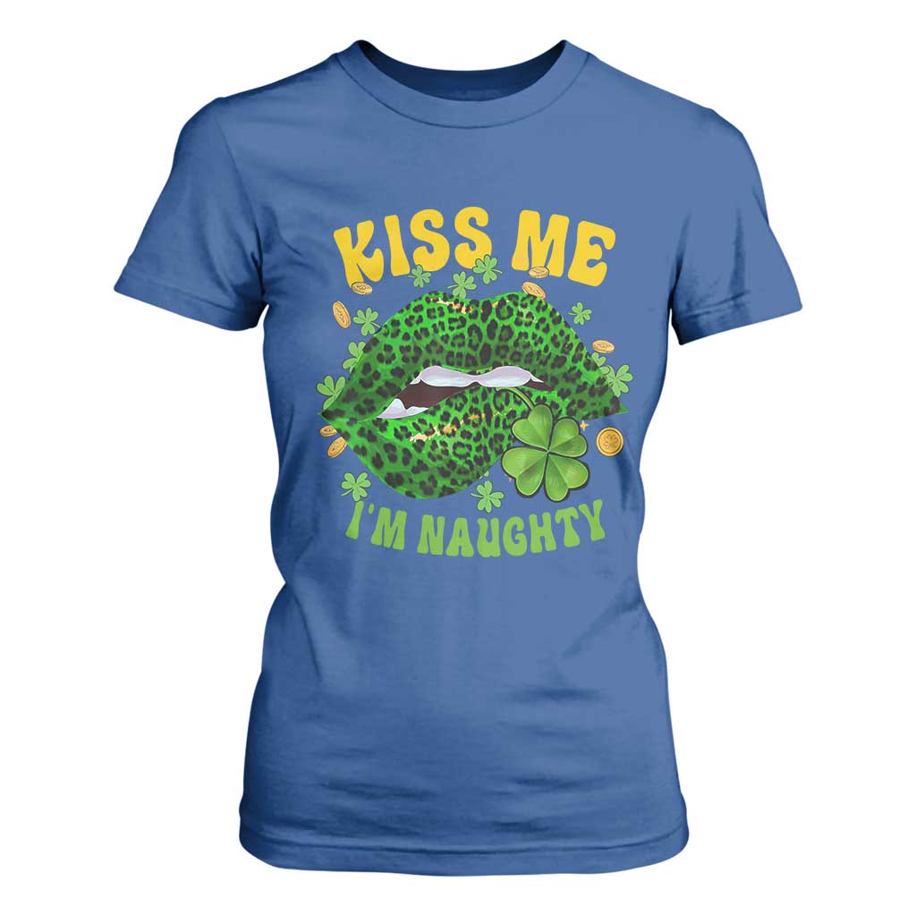 Funny St Patricks Day T Shirt For Women Kiss Me I'm Naughty Irish Women Leopard Biting Lips TS02 Royal Blue Print Your Wear