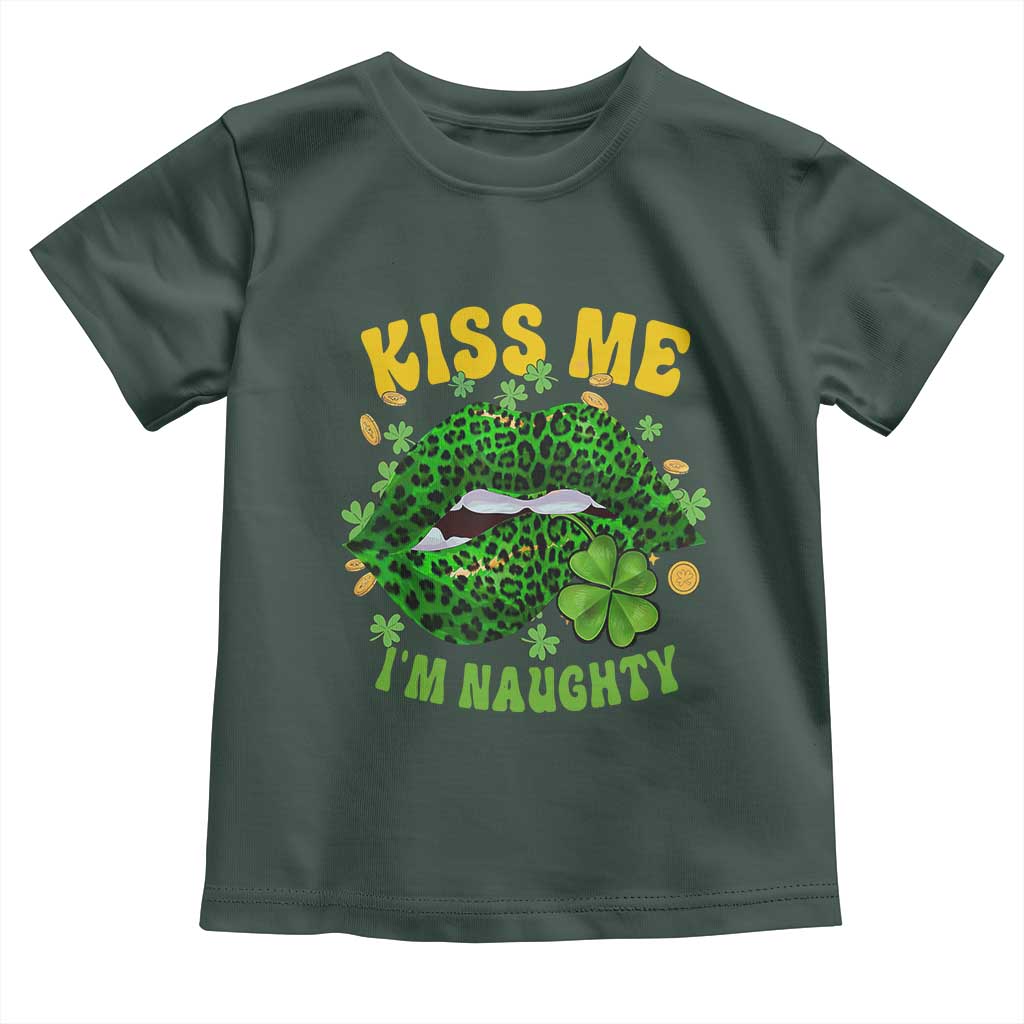Funny St Patricks Day Toddler T Shirt Kiss Me I'm Naughty Irish Women Leopard Biting Lips TS02 Dark Forest Green Print Your Wear