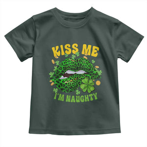 Funny St Patricks Day Toddler T Shirt Kiss Me I'm Naughty Irish Women Leopard Biting Lips TS02 Dark Forest Green Print Your Wear
