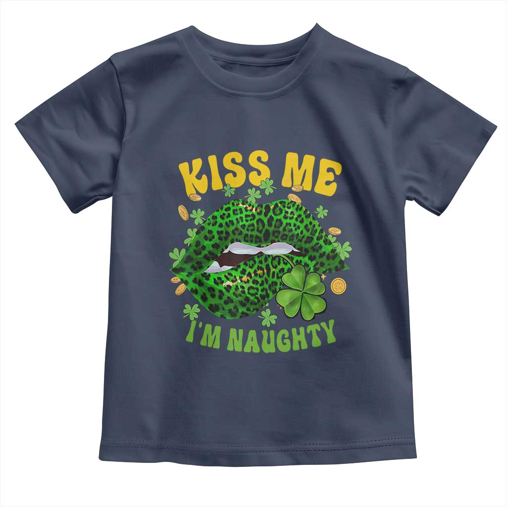 Funny St Patricks Day Toddler T Shirt Kiss Me I'm Naughty Irish Women Leopard Biting Lips TS02 Navy Print Your Wear