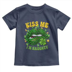 Funny St Patricks Day Toddler T Shirt Kiss Me I'm Naughty Irish Women Leopard Biting Lips TS02 Navy Print Your Wear