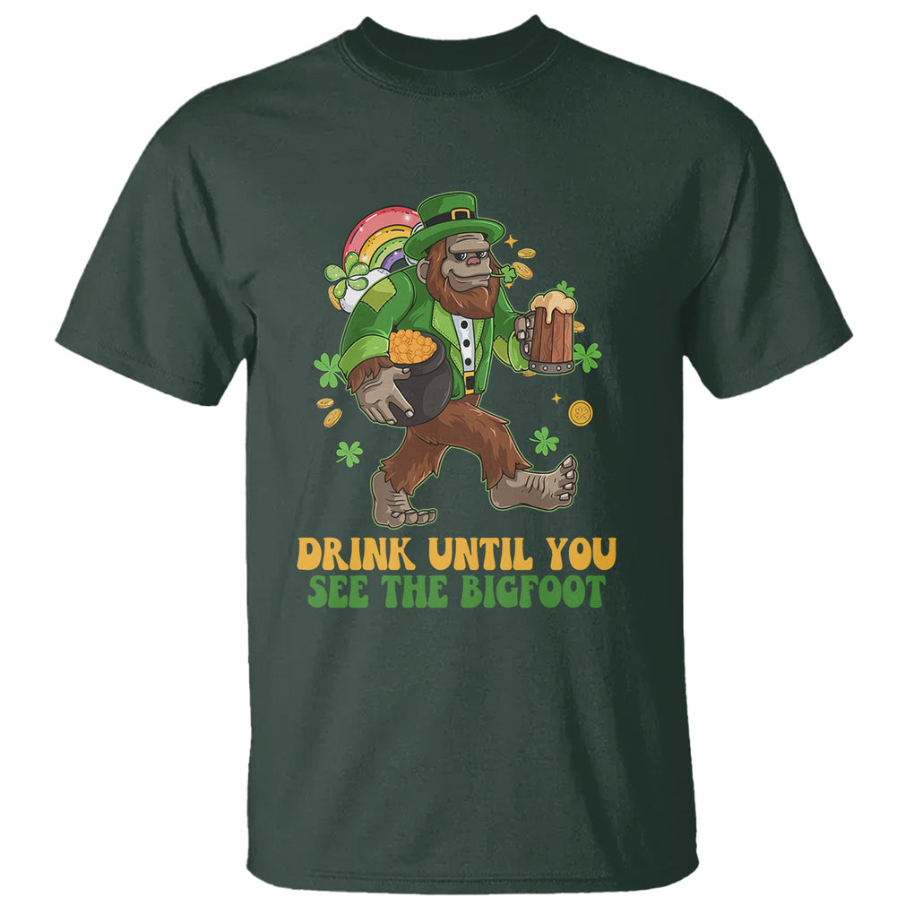 Funny St. Patricks Sasquatch T Shirt Drink Until You See The Bigfoot Drinking Squad TS02 Dark Forest Green Printyourwear