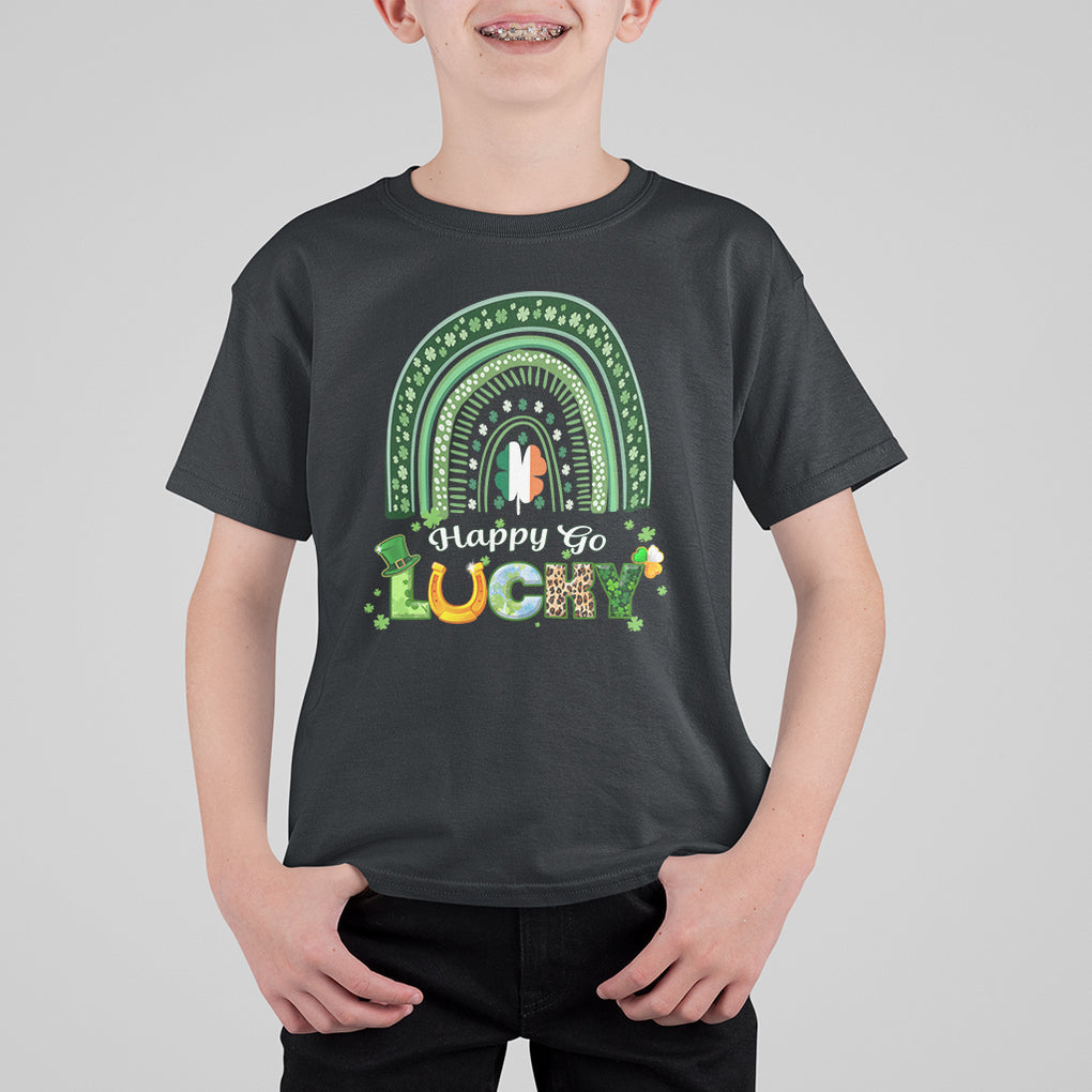 Funny St. Patricks Day T Shirt For Kid Happy Go Lucky Shamrock Rainbow TS02 Black Printyourwear