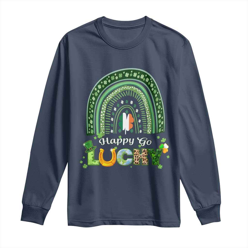 Funny St Patricks Day Long Sleeve Shirt Happy Go Lucky Shamrock Rainbow TS02 Navy Print Your Wear