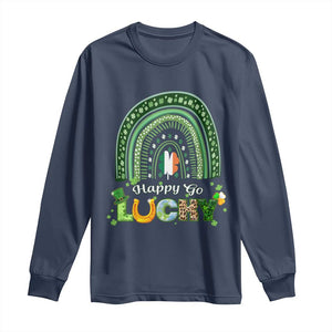 Funny St Patricks Day Long Sleeve Shirt Happy Go Lucky Shamrock Rainbow TS02 Navy Print Your Wear