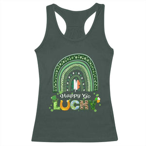 Funny St Patricks Day Racerback Tank Top Happy Go Lucky Shamrock Rainbow TS02 Dark Forest Green Print Your Wear