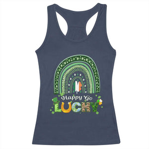 Funny St Patricks Day Racerback Tank Top Happy Go Lucky Shamrock Rainbow TS02 Navy Print Your Wear