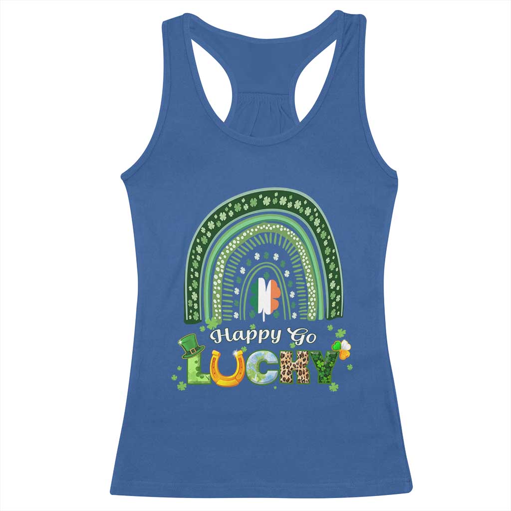 Funny St Patricks Day Racerback Tank Top Happy Go Lucky Shamrock Rainbow TS02 Royal Blue Print Your Wear