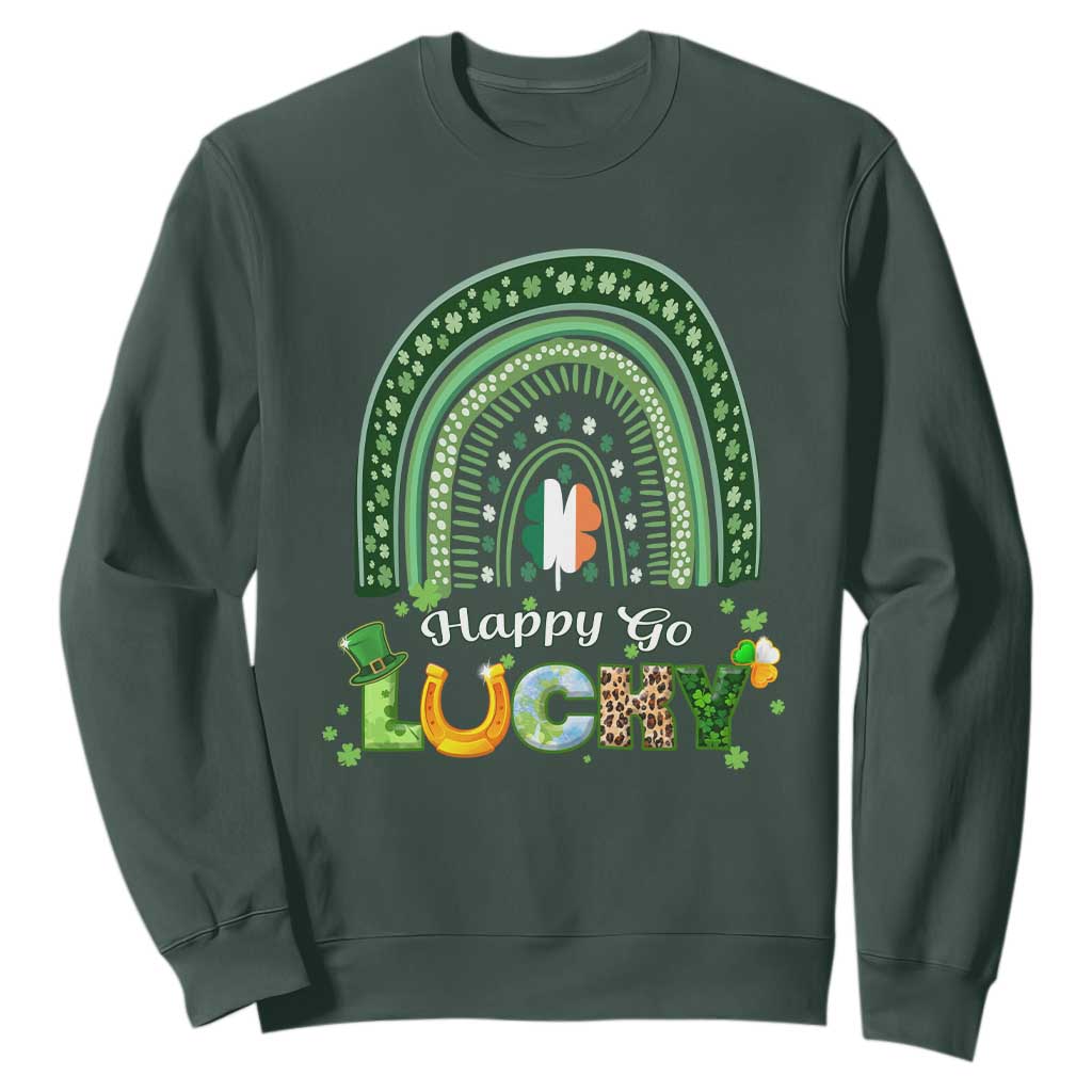 Funny St. Patricks Day Sweatshirt Happy Go Lucky Shamrock Rainbow TS02 Dark Forest Green Printyourwear