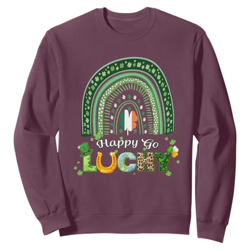 Funny St. Patricks Day Sweatshirt Happy Go Lucky Shamrock Rainbow TS02 Maroon Printyourwear