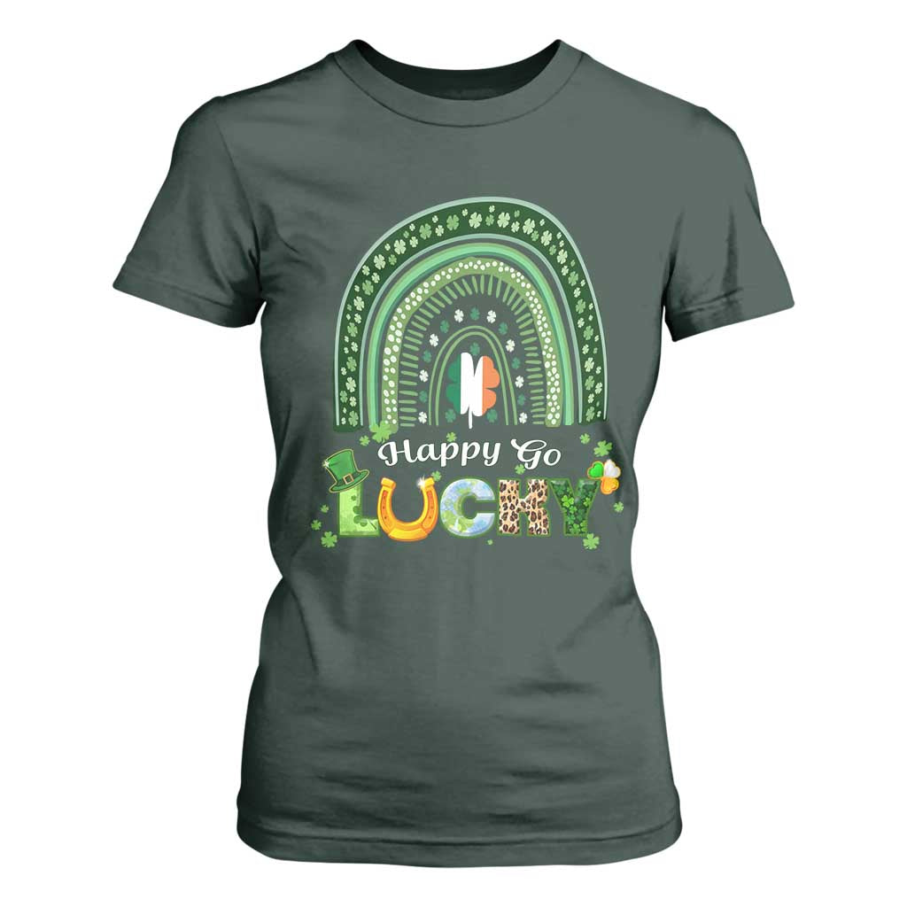 Funny St Patricks Day T Shirt For Women Happy Go Lucky Shamrock Rainbow TS02 Dark Forest Green Print Your Wear