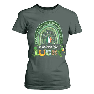 Funny St Patricks Day T Shirt For Women Happy Go Lucky Shamrock Rainbow TS02 Dark Forest Green Print Your Wear