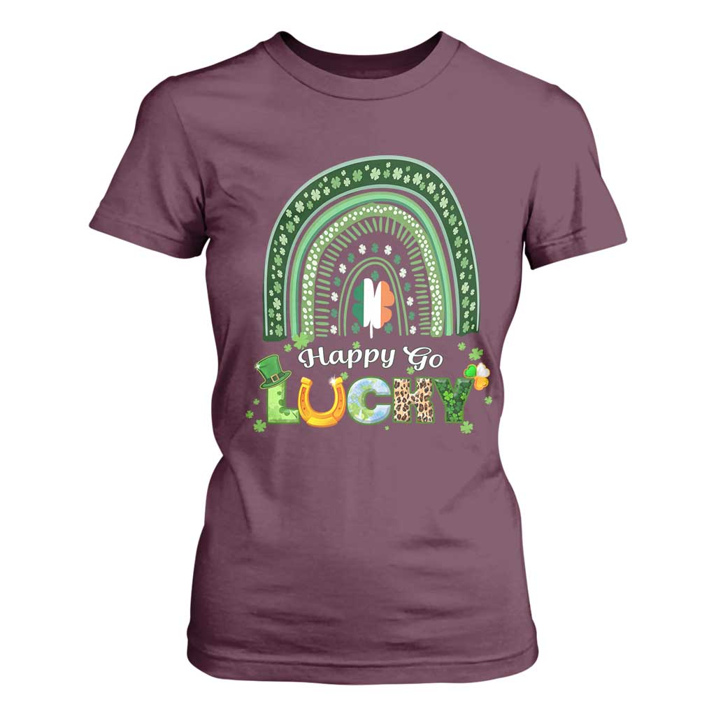 Funny St Patricks Day T Shirt For Women Happy Go Lucky Shamrock Rainbow TS02 Maroon Print Your Wear