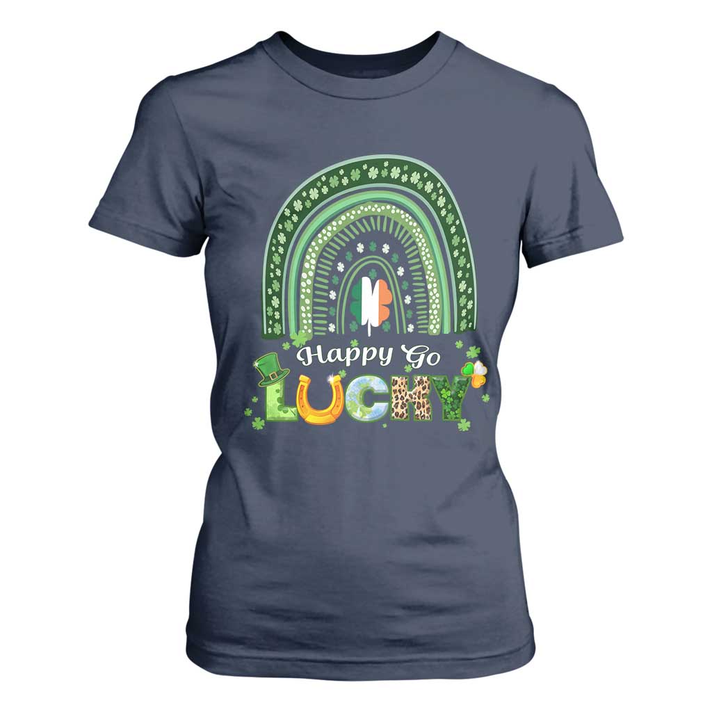 Funny St Patricks Day T Shirt For Women Happy Go Lucky Shamrock Rainbow TS02 Navy Print Your Wear
