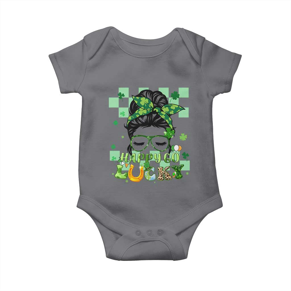 Funny St Patricks Day Women Baby Onesie Happy Go Lucky Messy Bun with Shamrocks TS02 Charcoal Print Your Wear