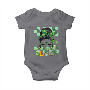 Funny St Patricks Day Women Baby Onesie Happy Go Lucky Messy Bun with Shamrocks TS02 Charcoal Print Your Wear