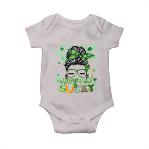 Funny St Patricks Day Women Baby Onesie Happy Go Lucky Messy Bun with Shamrocks TS02 Ice Gray Print Your Wear