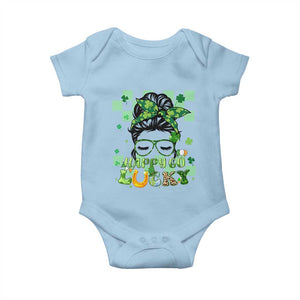 Funny St Patricks Day Women Baby Onesie Happy Go Lucky Messy Bun with Shamrocks TS02 Light Blue Print Your Wear