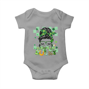 Funny St Patricks Day Women Baby Onesie Happy Go Lucky Messy Bun with Shamrocks TS02 Sport Gray Print Your Wear