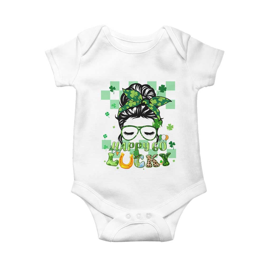 Funny St Patricks Day Women Baby Onesie Happy Go Lucky Messy Bun with Shamrocks TS02 White Print Your Wear