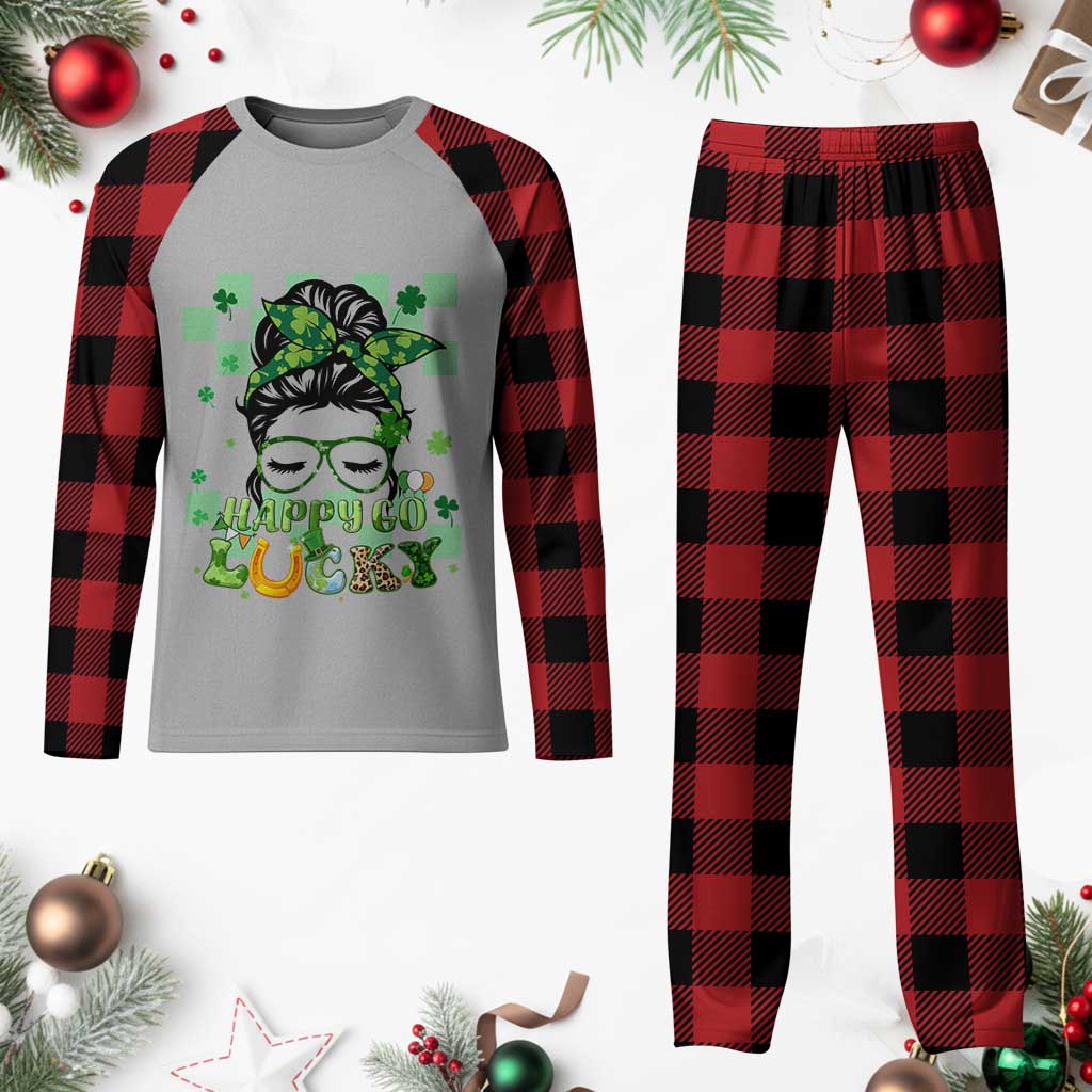 Funny St Patricks Day Women Plaid Pajama Set Happy Go Lucky Messy Bun with Shamrocks TS02 Buffalo Plaid Print Your Wear