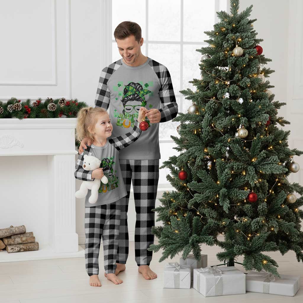 Funny St Patricks Day Women Plaid Pajama Set Happy Go Lucky Messy Bun with Shamrocks TS02 White Plaid Print Your Wear