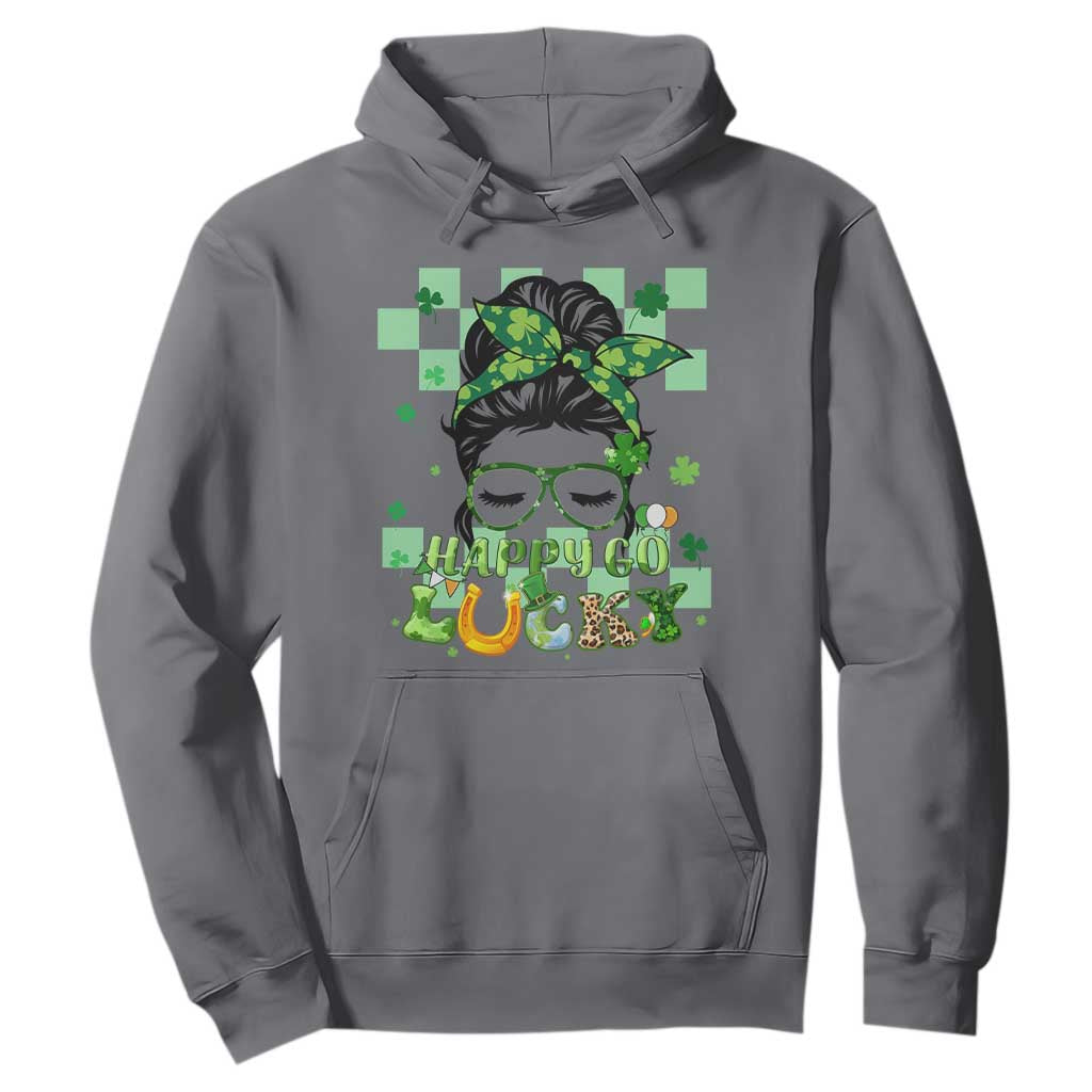 Funny St. Patricks Day Women Hoodie Happy Go Lucky Messy Bun with Shamrocks TS02 Charcoal Printyourwear