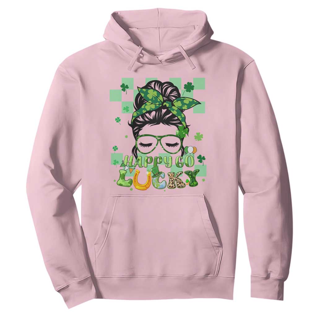 Funny St. Patricks Day Women Hoodie Happy Go Lucky Messy Bun with Shamrocks TS02 Light Pink Printyourwear