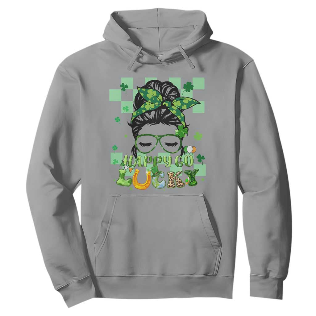 Funny St. Patricks Day Women Hoodie Happy Go Lucky Messy Bun with Shamrocks TS02 Sport Gray Printyourwear