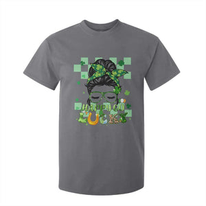 Funny St. Patricks Day Women T Shirt For Kid Happy Go Lucky Messy Bun with Shamrocks TS02 Charcoal Printyourwear